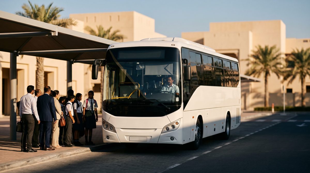 School or staff bus at pickup, morning light