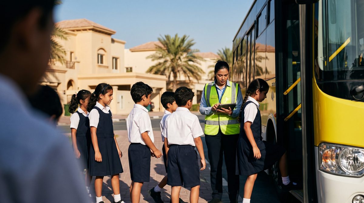 Students boarding a school bus with attendant