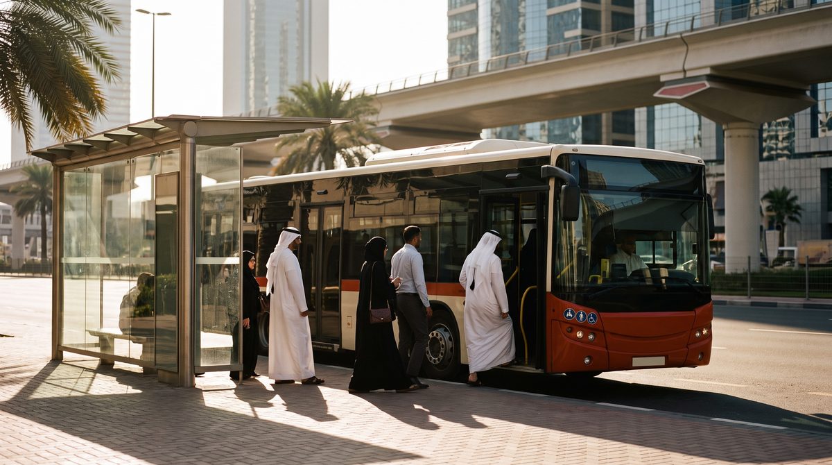 City bus at a stop, passengers boarding